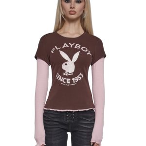 Womens Playboy Bunny Graphic 2Fer Tee - Brown