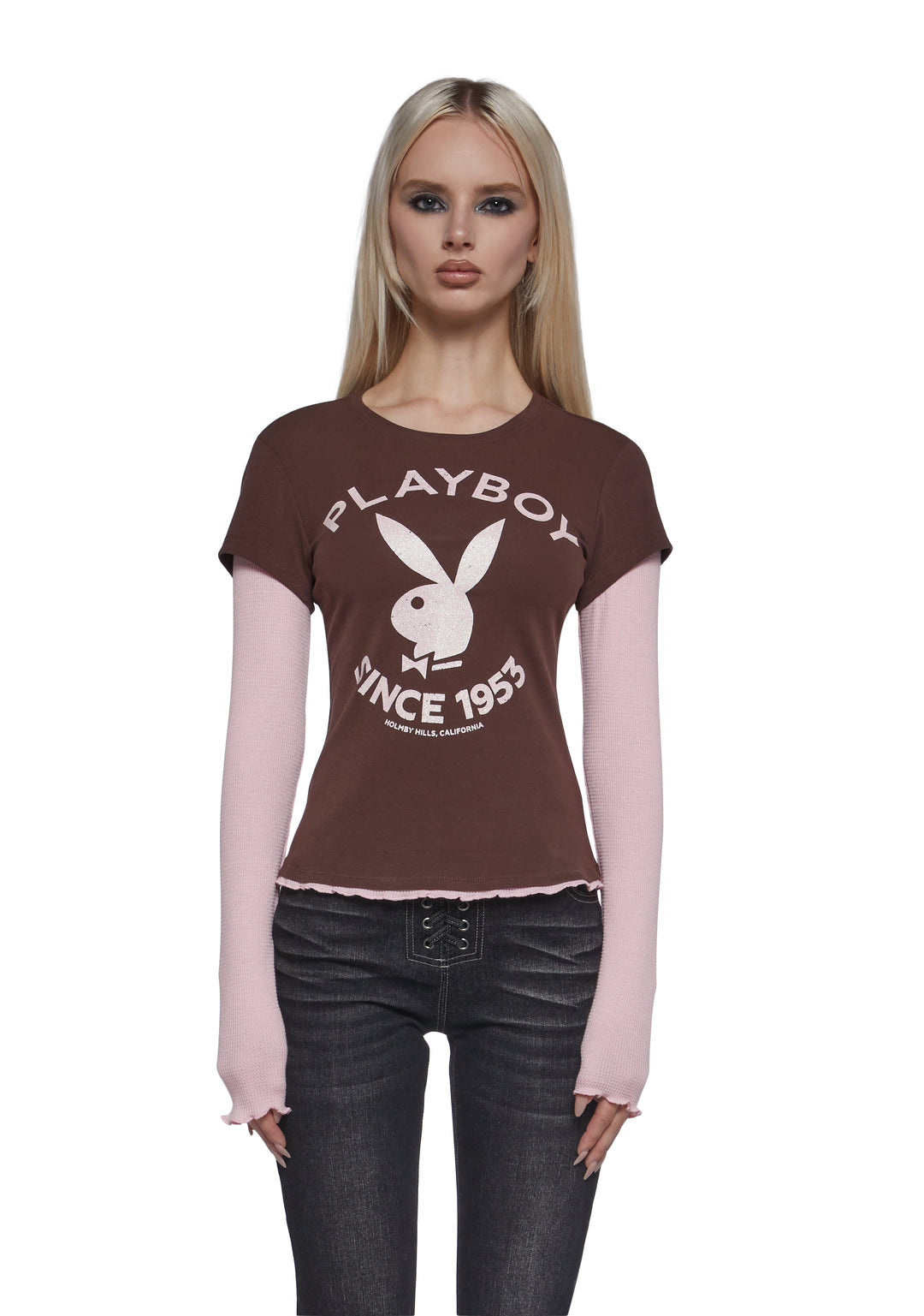 Womens Playboy Bunny Graphic 2Fer Tee - Brown