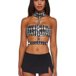 Womens Sexy Rhinestone Gem Harness Top - Silver