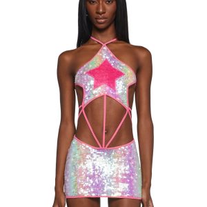Womens Sequined Halter Mini Dress With Fuzzy Star Club Exx - Multi