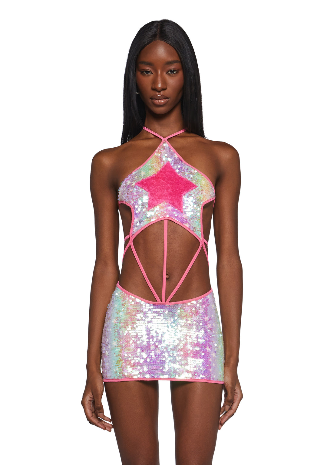 Womens Sequined Halter Mini Dress With Fuzzy Star Club Exx - Multi