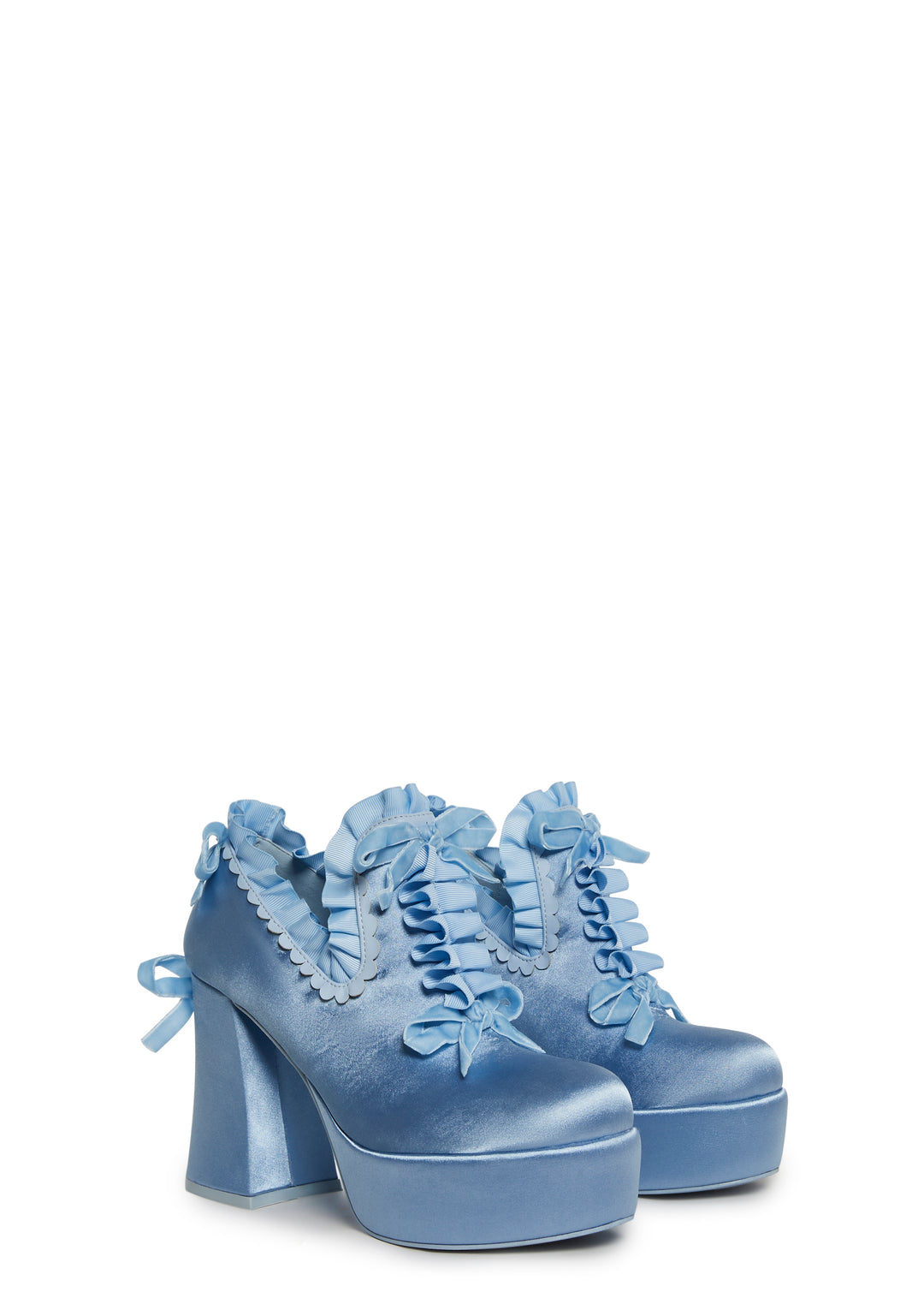 Trickz N' Treatz Halloween Marie Antoinette Regency Satin Ruffle Slip-On Block Platform Heels - Blue