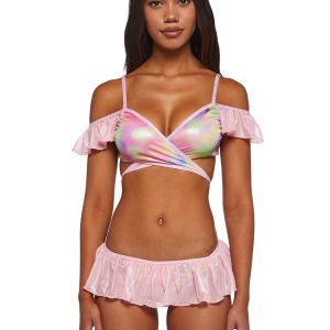 J Valentine Metallic Coated Fishnet Ruffle Bikini Set - Pink
