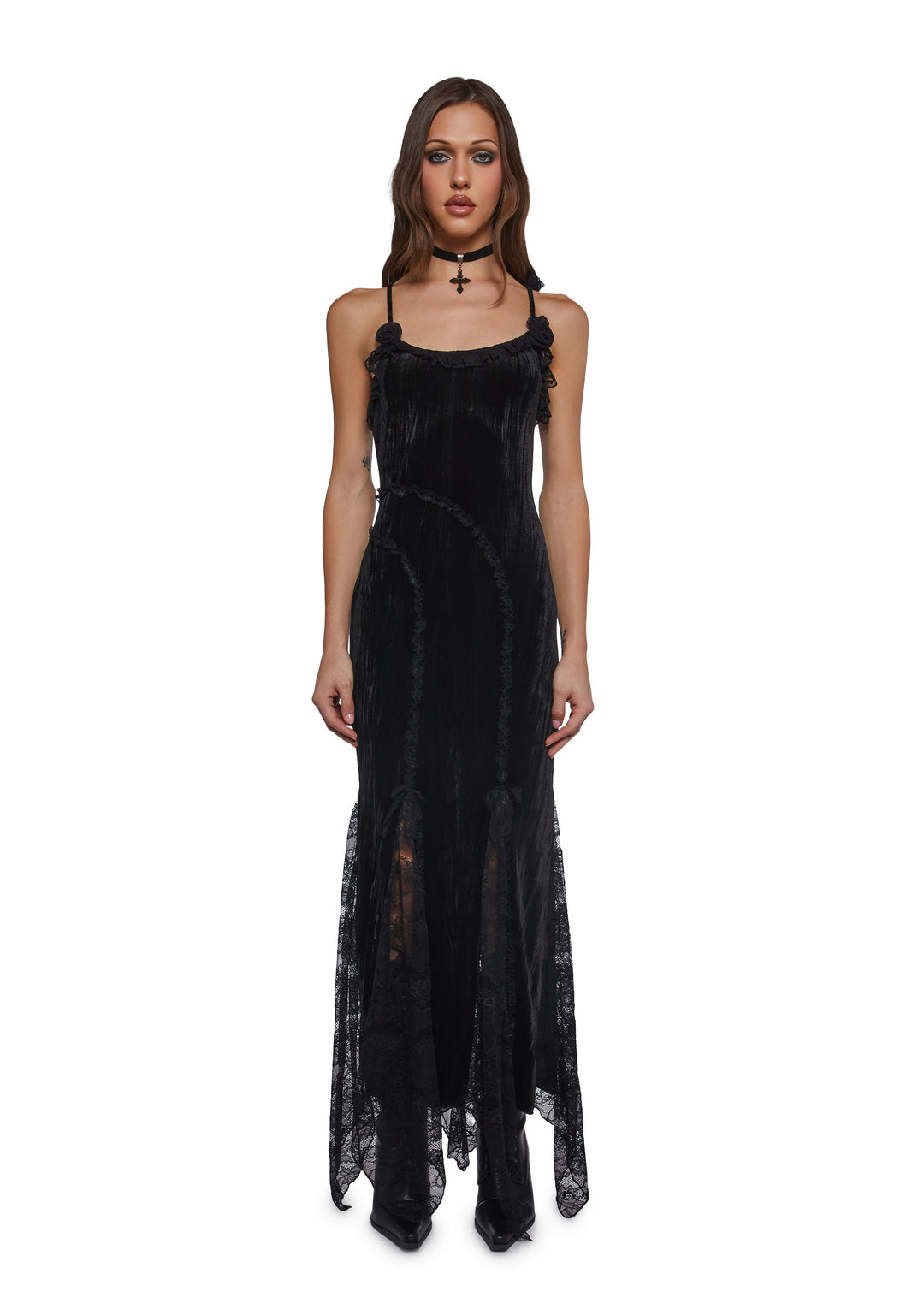 Betsey Johnson Crushed Velvet Maxi Dress With Rosettes - Black - Image 3