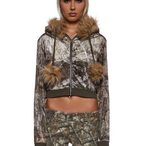 Dolls Kill x RealTree Camo Printed Velour Hoodie With Faux Fur Trim - Multi