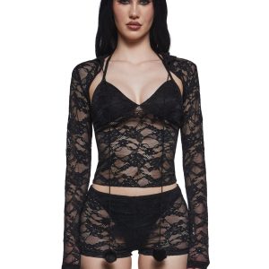 Womens Sheer Lace 3 Piece Lingerie Set Sugar Thrillz - Black
