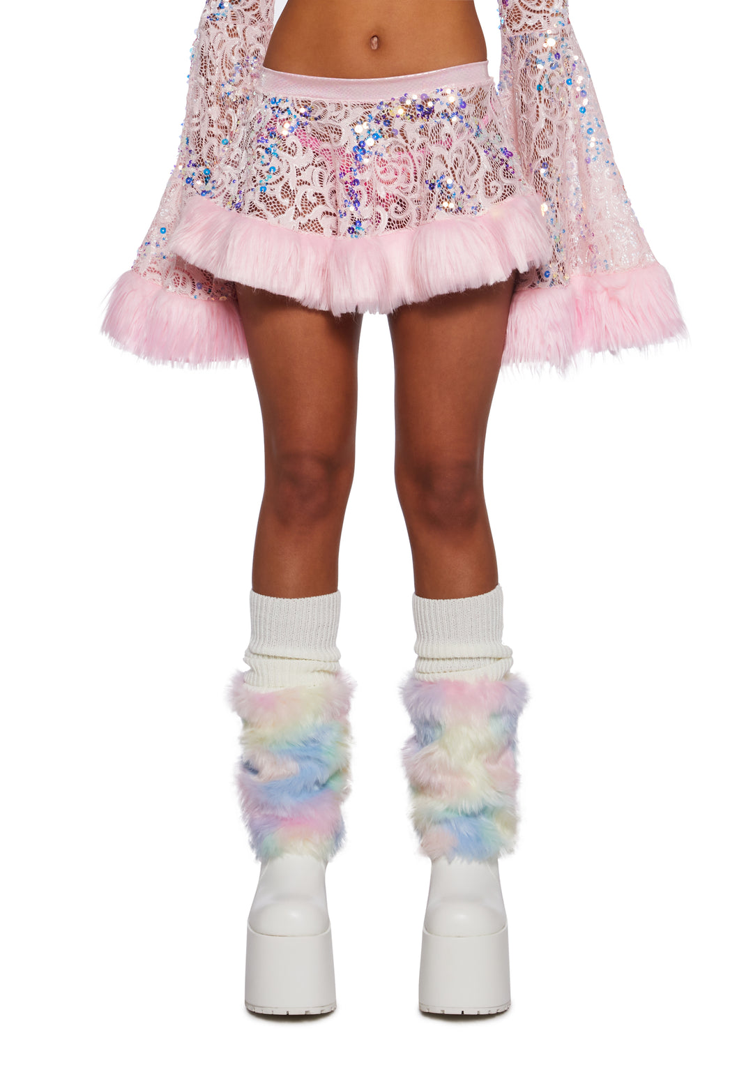 J Valentine Sequin Faux Fur Trimmed Skirt - Pink