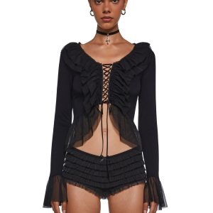 Womens Sexy Ruffled Mesh Long Sleeve Top Current Mood - Black