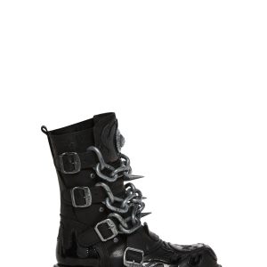 New Rock M-727-S5 Chain Reactor Metal Skull Combat Boots - Black