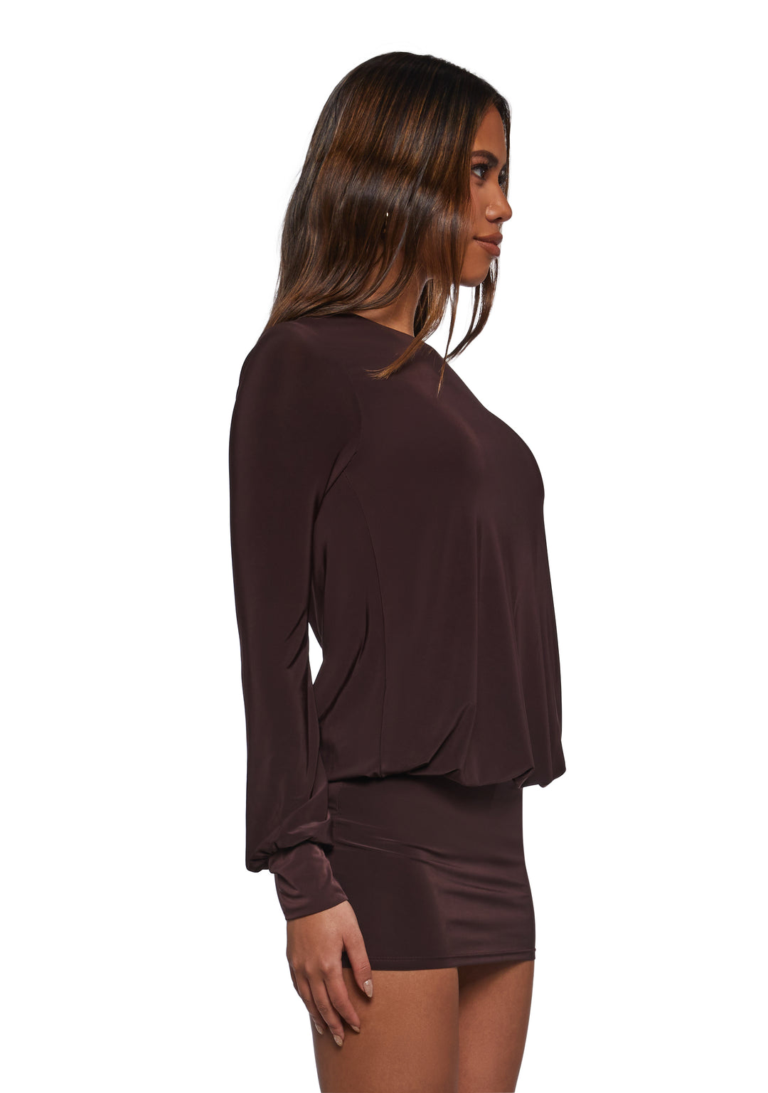Womens Mesh Long Sleeve Dress - Brown - Image 3