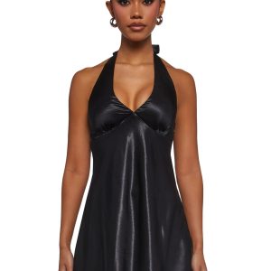 Womens Satin Halter Mini Dress - Black