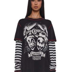 Dolls Kill x Insane Clown Posse Juggalo Washed Oversized Tee With Striped Long Sleeves - Black