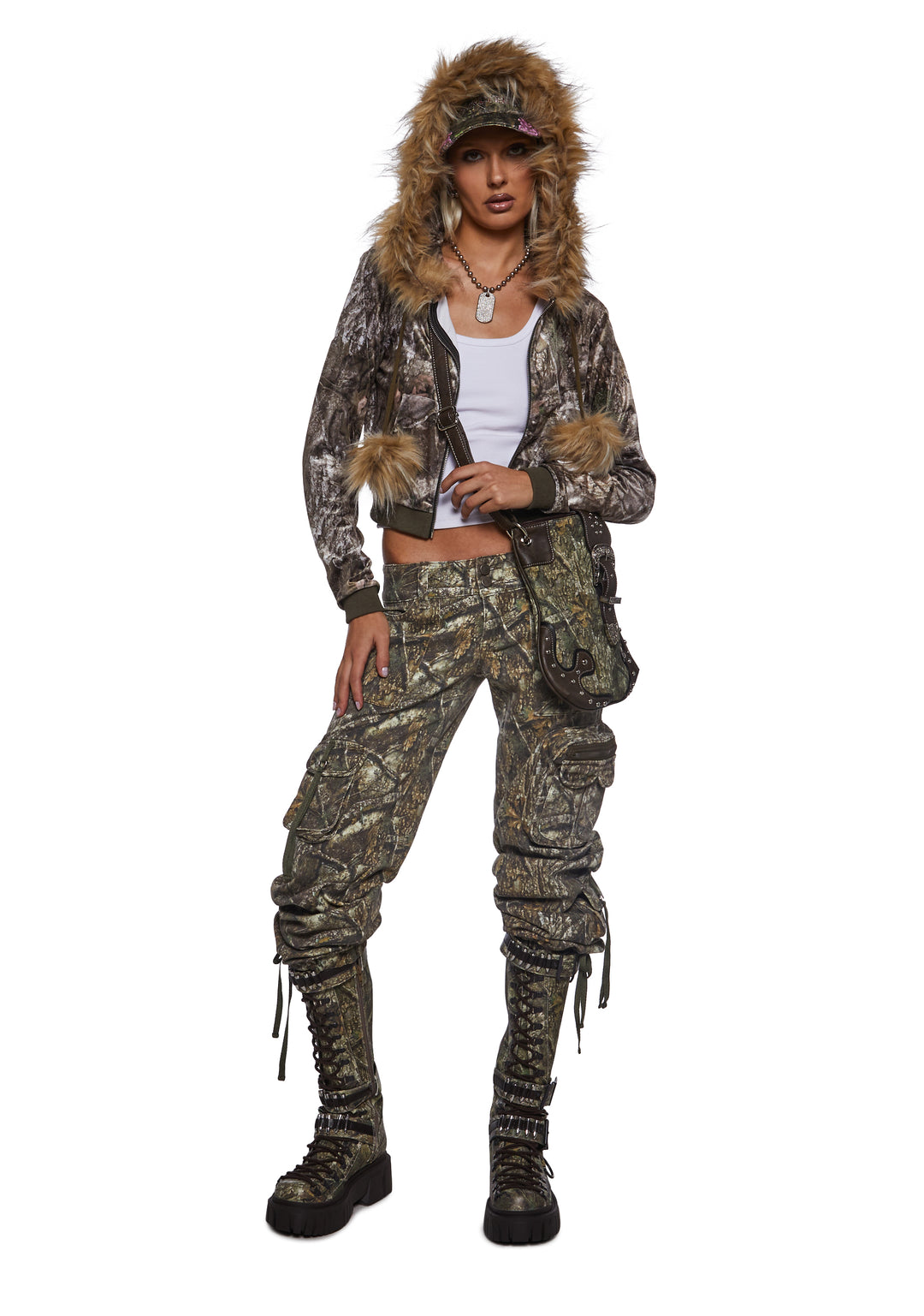 Dolls Kill x RealTree Camo Printed Velour Hoodie With Faux Fur Trim - Multi - Image 2