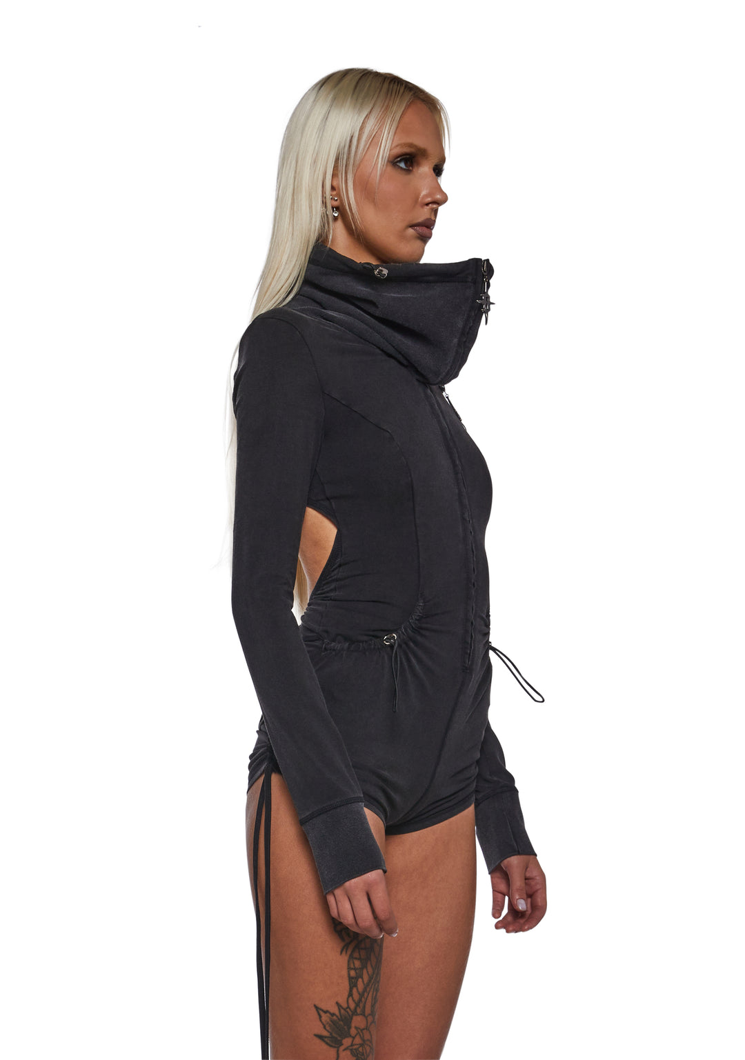 Darker Wavs Cotton Jersey Knit Romper With Ruching And Zippers - Black - Image 9