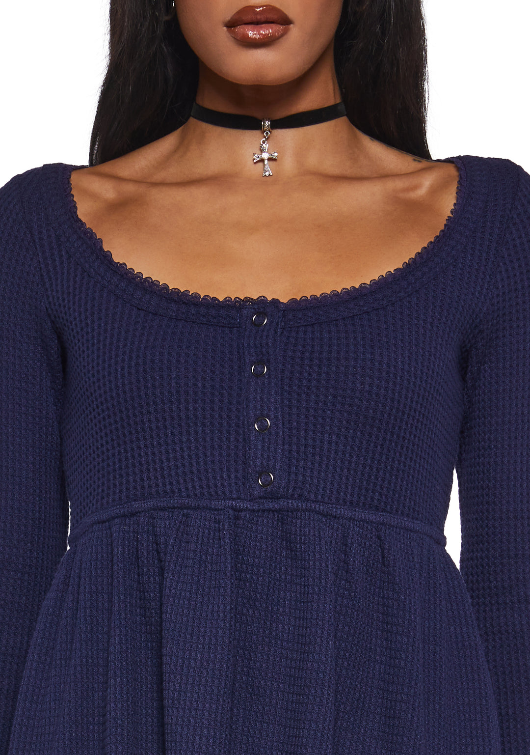 Womens Waffle Knit Long Sleeve Top With Buttons Current Mood - Blue - Image 5