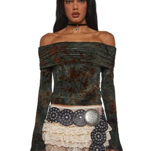 Womens Velvet Floral Filigree Off The Shoulder Top Current Mood - Green