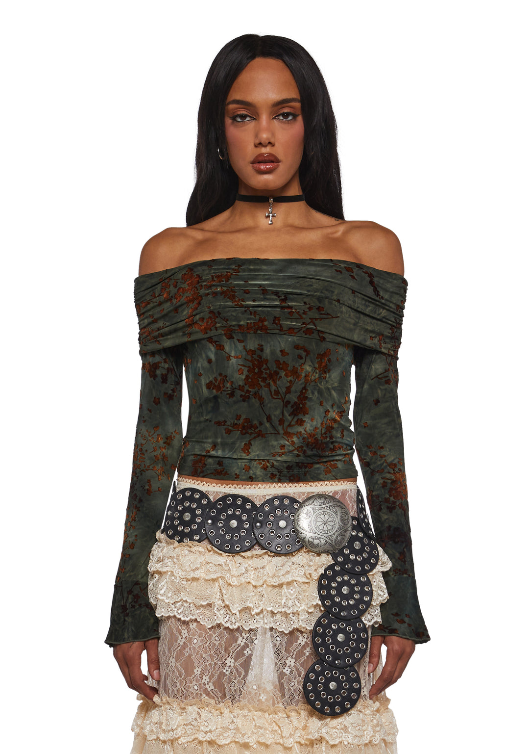 Womens Velvet Floral Filigree Off The Shoulder Top Current Mood - Green