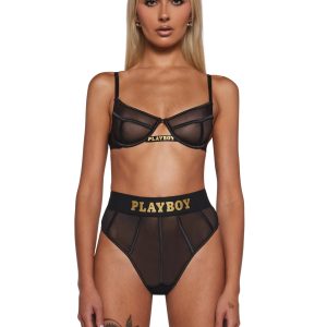 Womens Sexy Bra And Thong Playboy Cage 2-Piece Set - Black
