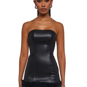 Womens Vegan Leather Mini Dress With Faux Fur - Black