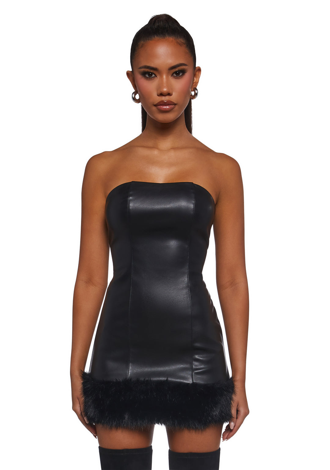 Womens Vegan Leather Mini Dress With Faux Fur - Black