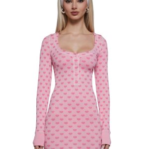 Womens Heart Print V-Neck Henley Dress Sugar Thrillz - Pink