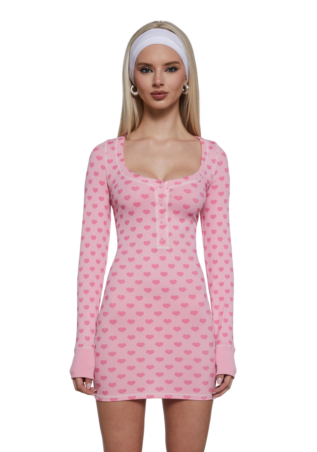 Womens Heart Print V-Neck Henley Dress Sugar Thrillz - Pink
