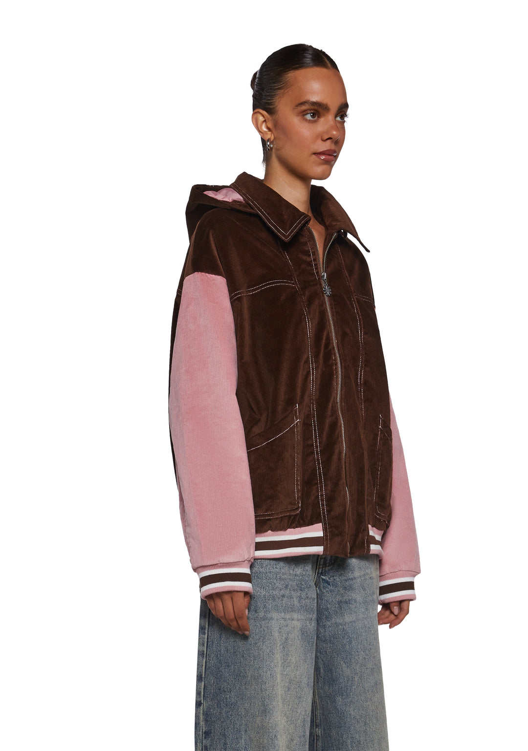Corduroy Paneled Striped Hooded Zip-Up Jacket Delia's - Brown - Image 3