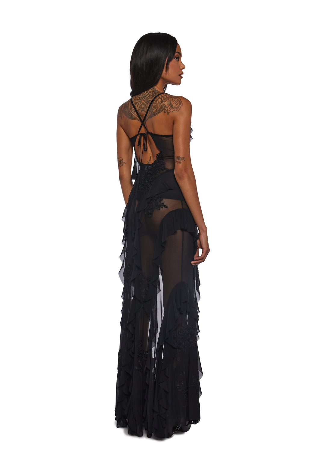 Womens Mesh Ruffled Asymmetrical Maxi Dress With Lace Appliques Current Mood - Black - Image 4