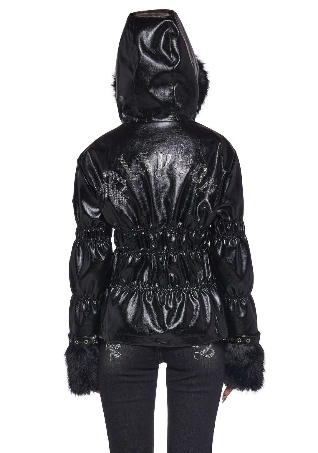 Playboy by Dolls Kill VInyl Puffer Jacket With Faux Fur Trim - Black - Image 5