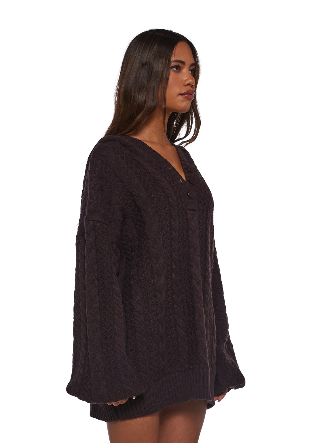 Womens Chunky Knit Pullover Hoodie Current Mood - Purple - Image 7