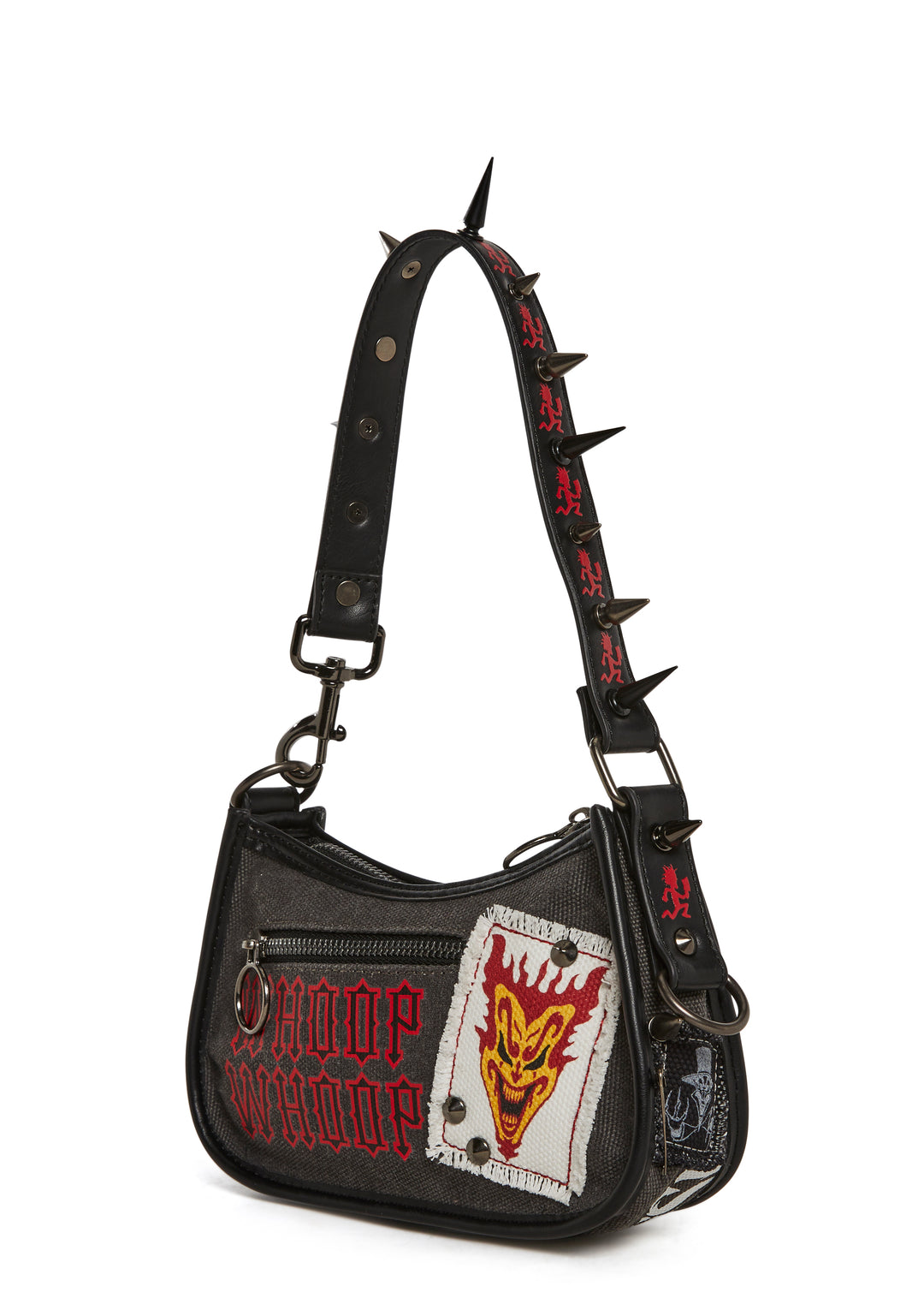 Dolls Kill x Insane Clown Posse Spiked Baguette Shoulder Bag WIth Patches - Black - Image 4