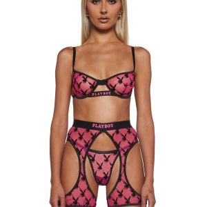 Playboy Flocked Bunny Chaps Set - Pink/Black