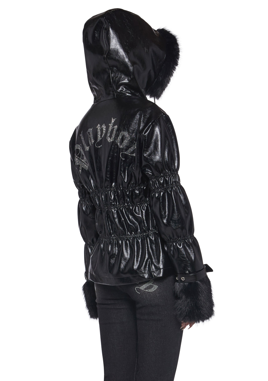 Playboy by Dolls Kill VInyl Puffer Jacket With Faux Fur Trim - Black - Image 4