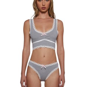 Womens Knit Ribbed Tank And Panties Set Sugar Thrillz - Gray