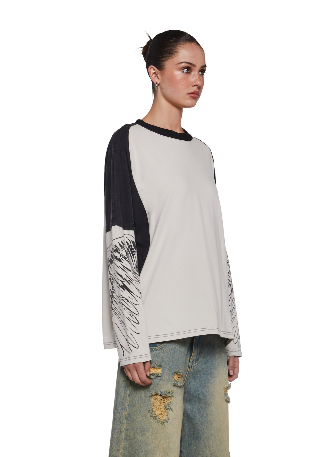 Womens Colorblock Long Sleeve Tee With Wings Graphic - Multi - Image 3