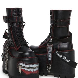 Dolls Kill x Tokyo Ghoul Platform Lace Up Boots With Kakuja Mouth - Black