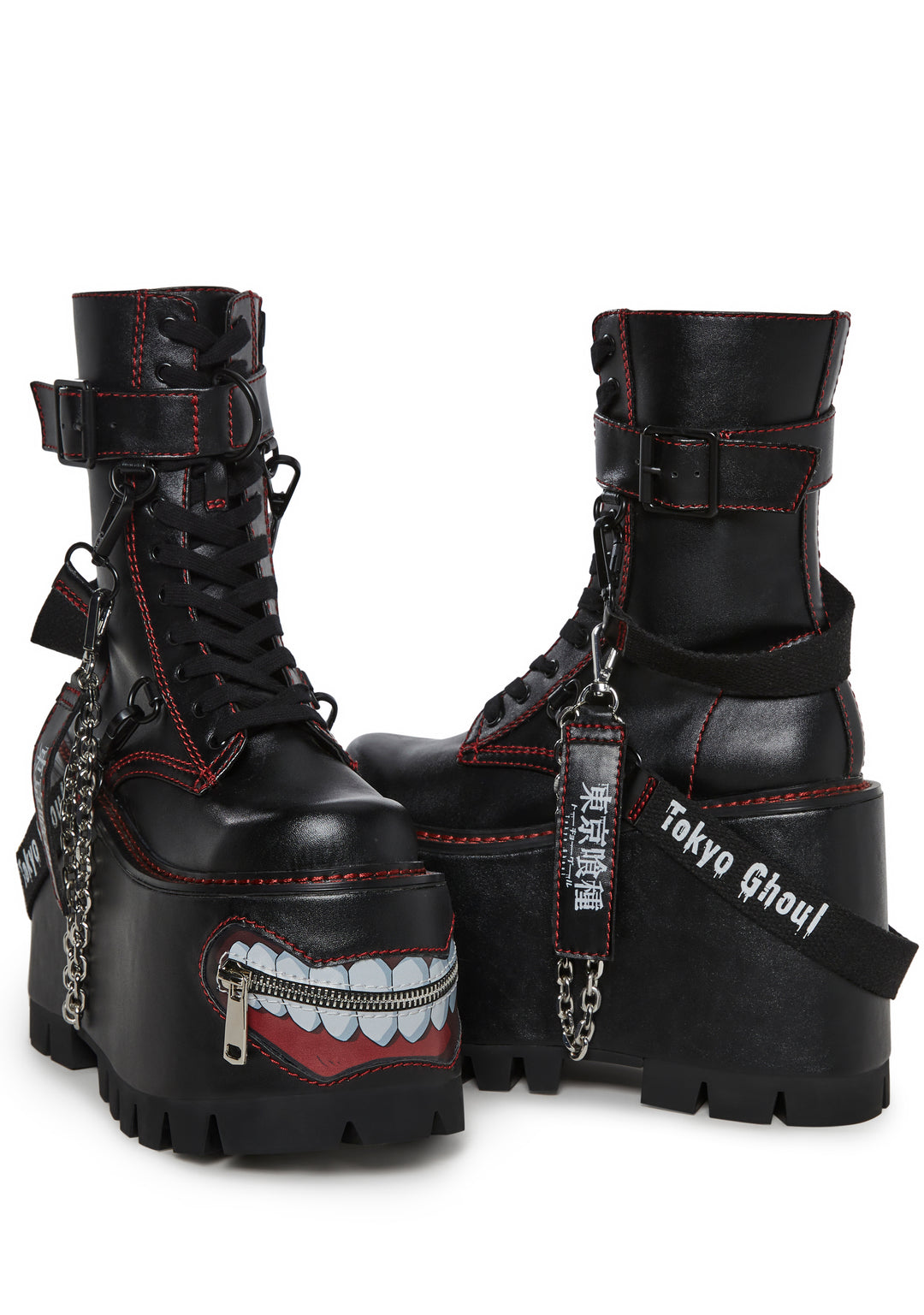 Dolls Kill x Tokyo Ghoul Platform Lace Up Boots With Kakuja Mouth - Black