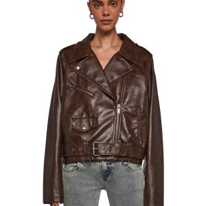 Womens Vegan Leather Moto Jacket Current Mood - Brown