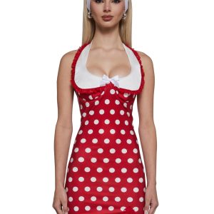 Womens Polka Dot Halter Lace Dress Sugar Thrillz - Red