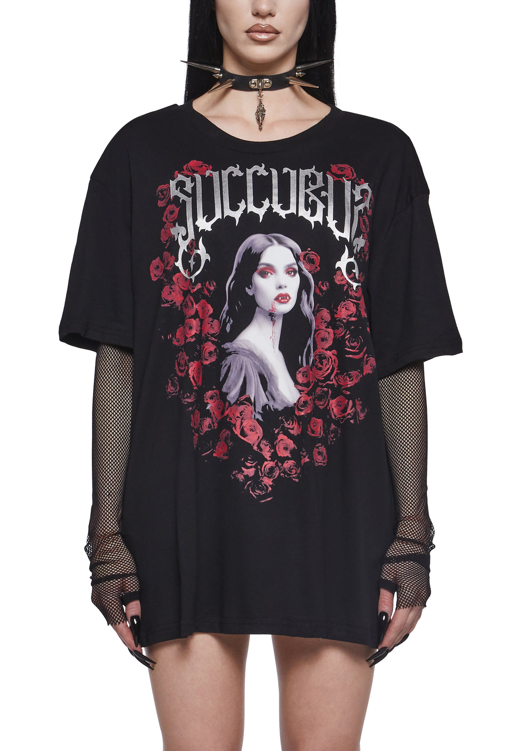 Widow Vampire Goth Succubus Roses Graphic Print Stretchy Knit Fishnet Long Sleeve Top - Black - Image 4
