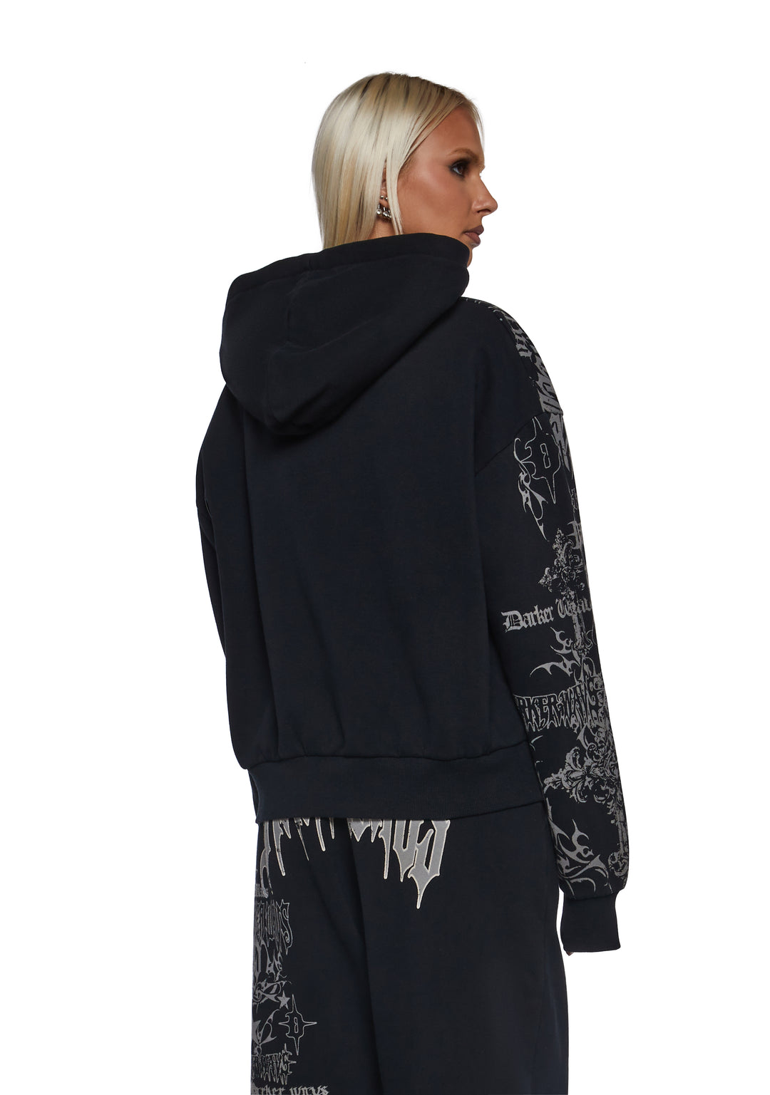Washed Hoodie With Graphics Darker Wavs - Black - Image 4