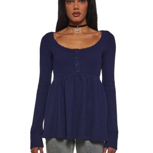 Womens Waffle Knit Long Sleeve Top With Buttons Current Mood - Blue