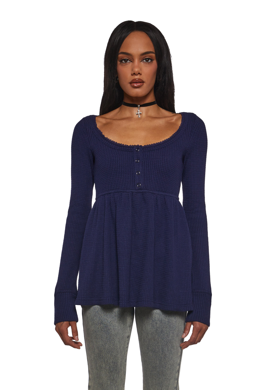 Womens Waffle Knit Long Sleeve Top With Buttons Current Mood - Blue