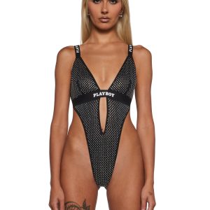 Womens Sexy Playboy Rhinestone Disco Fever Teddy - Black