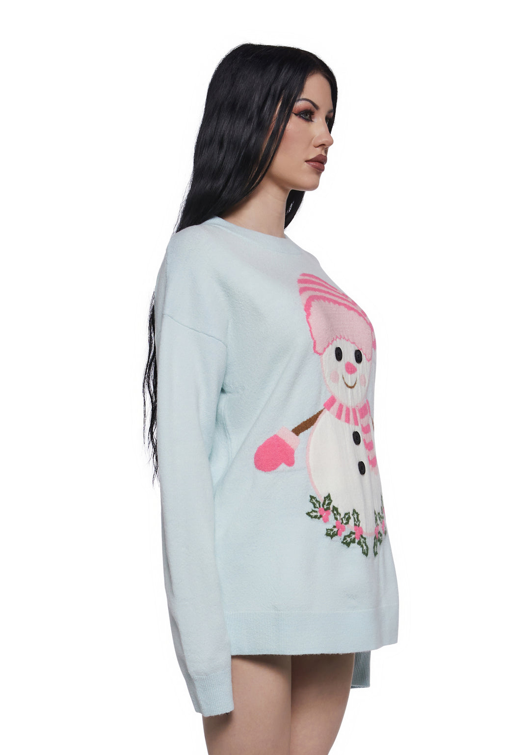 Stretchy Acrylic Knit Snowman Holly Button Intarsia Sweater Sugar Thrillz - Light Blue - Image 3