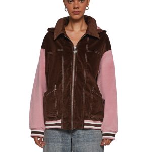 Corduroy Paneled Striped Hooded Zip-Up Jacket Delia's - Brown