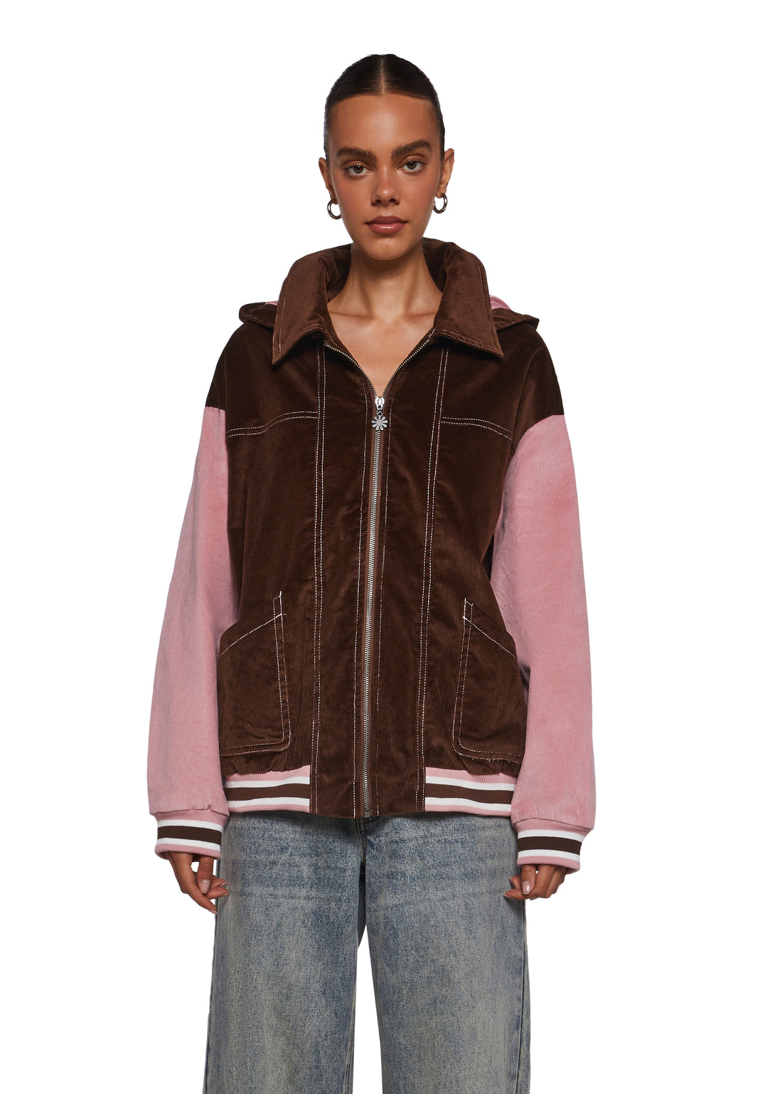 Corduroy Paneled Striped Hooded Zip-Up Jacket Delia's - Brown