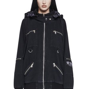 Dolls Kill x Tokyo Ghoul Washed Denim Graphic Oversized Jacket - Black