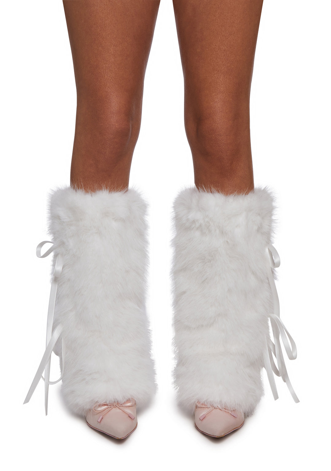 Faux Fur Leg Warmers With Bows Club Exx - White - Image 3