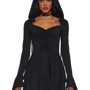Fairy Fairycore Washed Handkerchief Dress With Hoodie Current Mood - Black